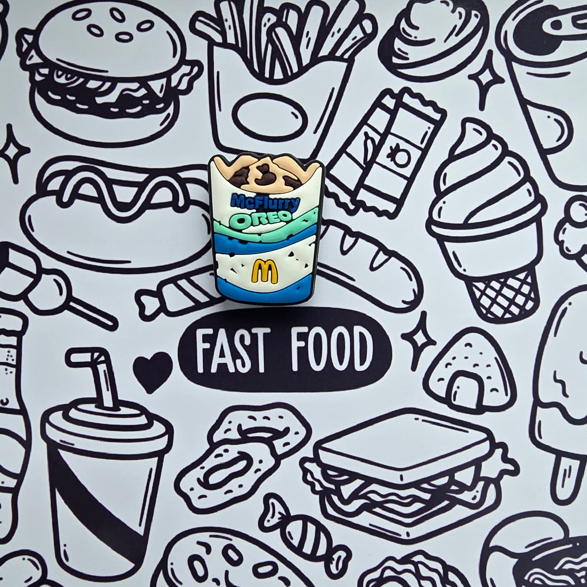 Close-up of Oreo McFlurry Croc charm made from durable PVC